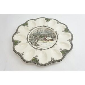 Johnson Bros Friendly Village Deviled Egg Plate School House Winter Scalloped EX